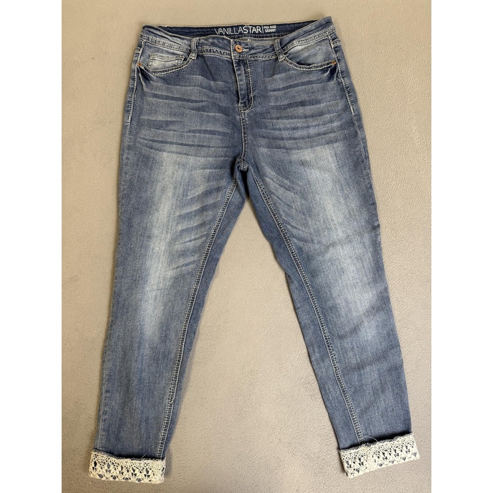 Vanilla Star Jeans Womens 15 Blue Mid Rise Skinny Lace Cuff Stretch Denim Casual